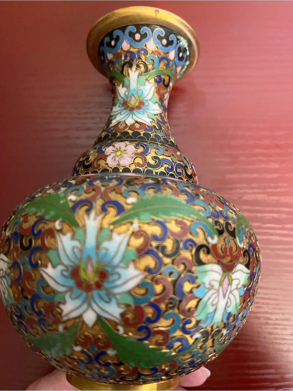Vintage Chinese Cloisonné 6-Inch Brass Vase Intricate Lotus Flower & Swirl Motif